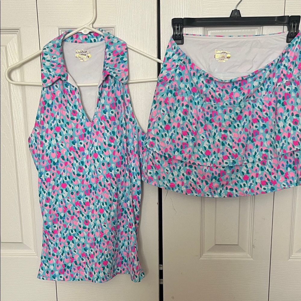 Lilly Pulitzer Aqua, Pink & Teal Sleeveless Polo Tank with a thing skort